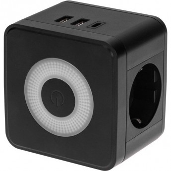 Двойник электрический REXANT КУБ 16А с заземлением + 2хUSB-A 2,4А + USB Type-C 3А с ночной подсветкой, черный