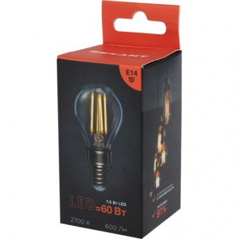 Лампа филаментная REXANT ШАРИК GL45 7,5Вт 600Лм 2700K E14 прозрачная колба