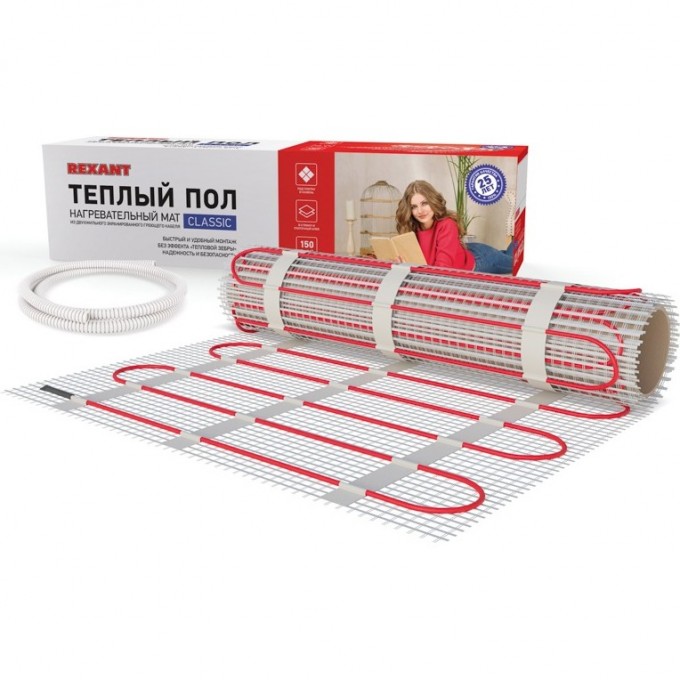 Теплый пол, нагревательный мат REXANT CLASSIC RNX-1.5-225, двухжильный, с экраном, площадь 1.5 м², 0.5х3 м, 225 Вт 51-0503-2 Теплый пол, нагревательный мат REXANT CLASSIC RNX-1.5-225, двухжильный, с экраном, площадь 1.5 м², 0.5х3 м, 225 Вт 51-0503-2