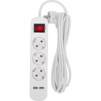 Удлинитель REXANT STANDARD 3 гнезда, 3м, 3х1,0мм², с/з, с выключателем, 2 USB, белый